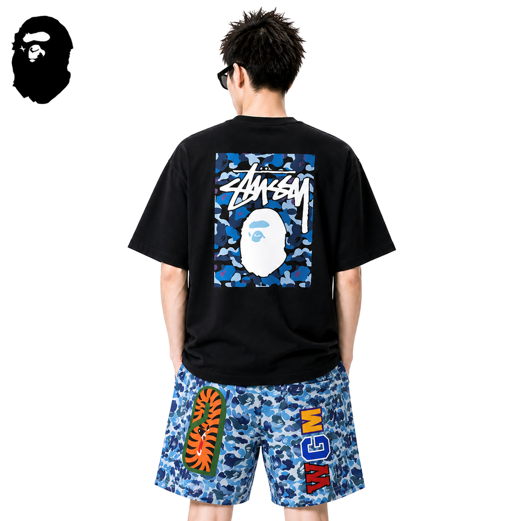 BAPE x Stussy Blue Camo Back Print Men's T-Shirt - Black