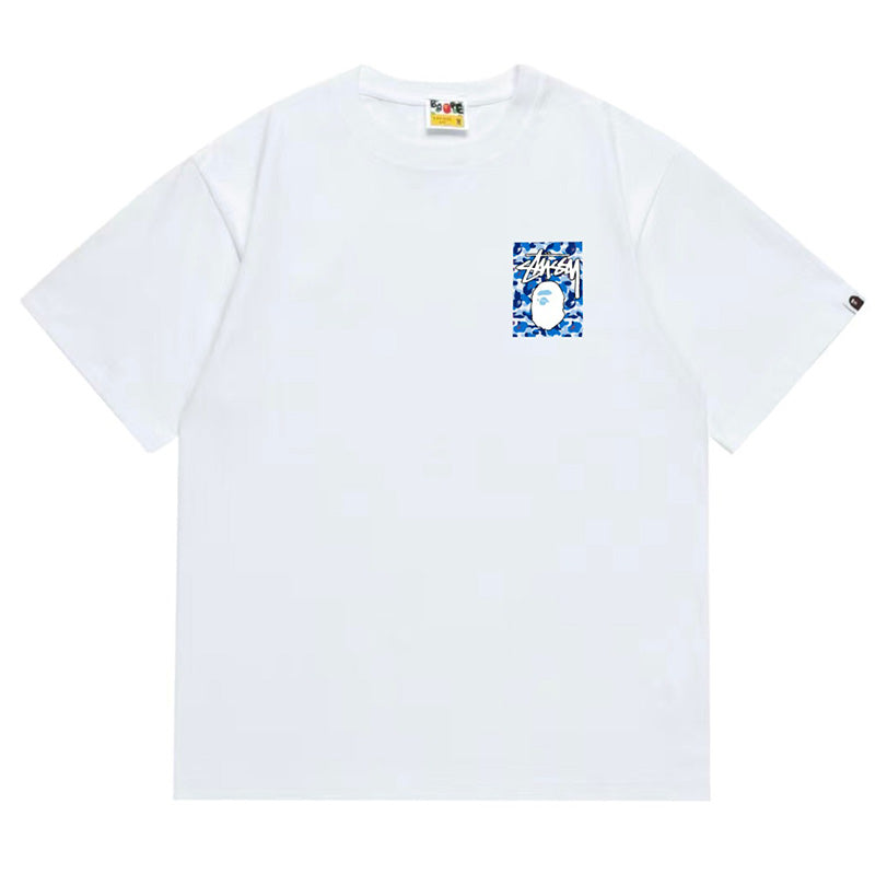 BAPE x Stussy Blue Camo Back Print Men's T-Shirt - Black