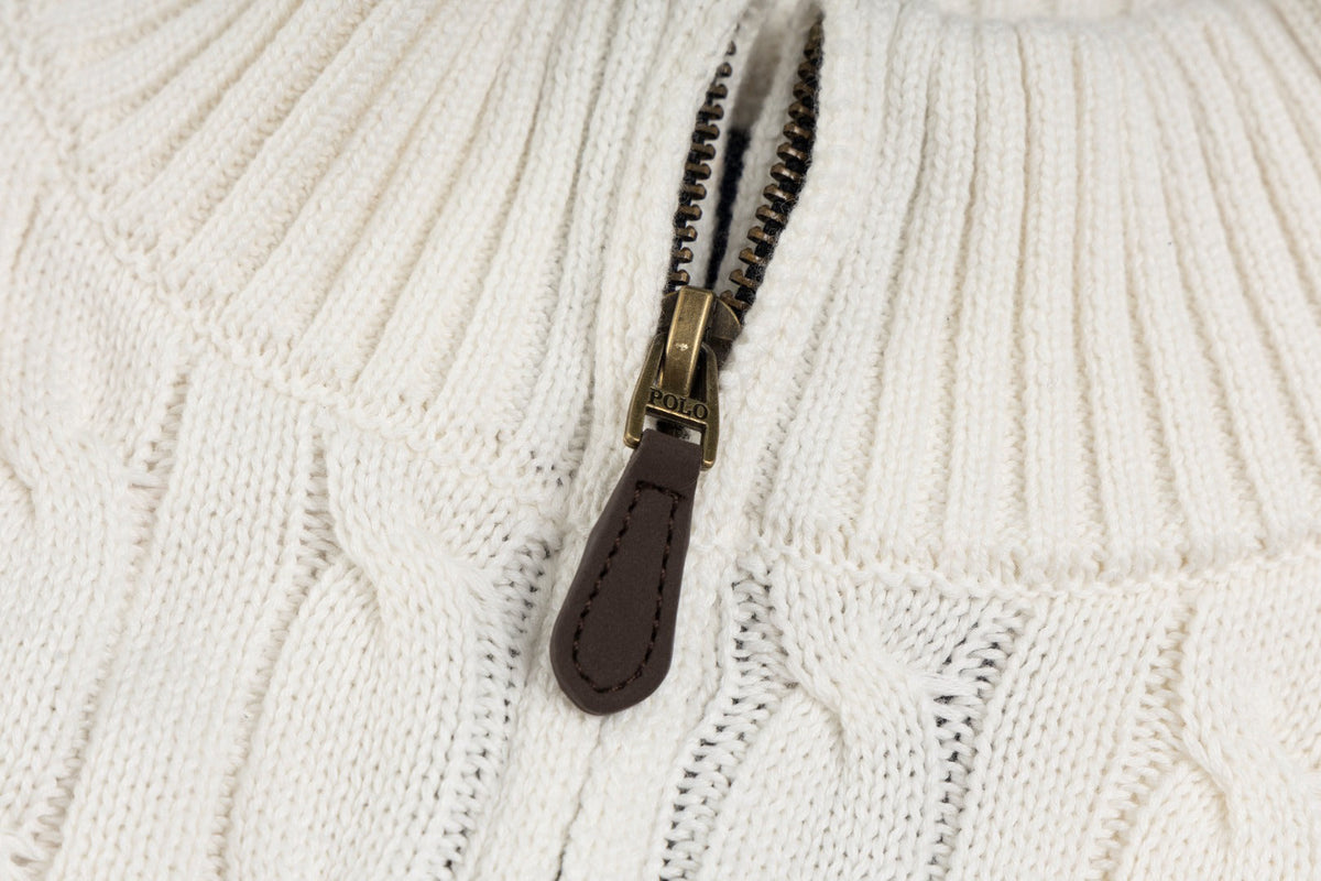 Ralph Lauren Men's Full‑Zip Cable Knit Stand Collar Cardigan Sweater With Navy Pony Logo