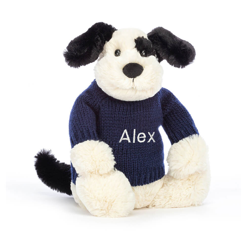 Bashful Black & Cream Puppy with Personalized Navy Jumper