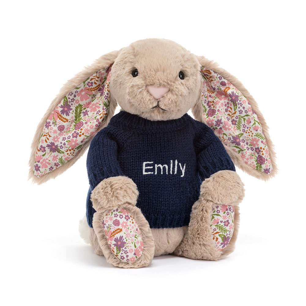 Blossom Beige Bunny 'Petal' with Personalized Navy Jumper