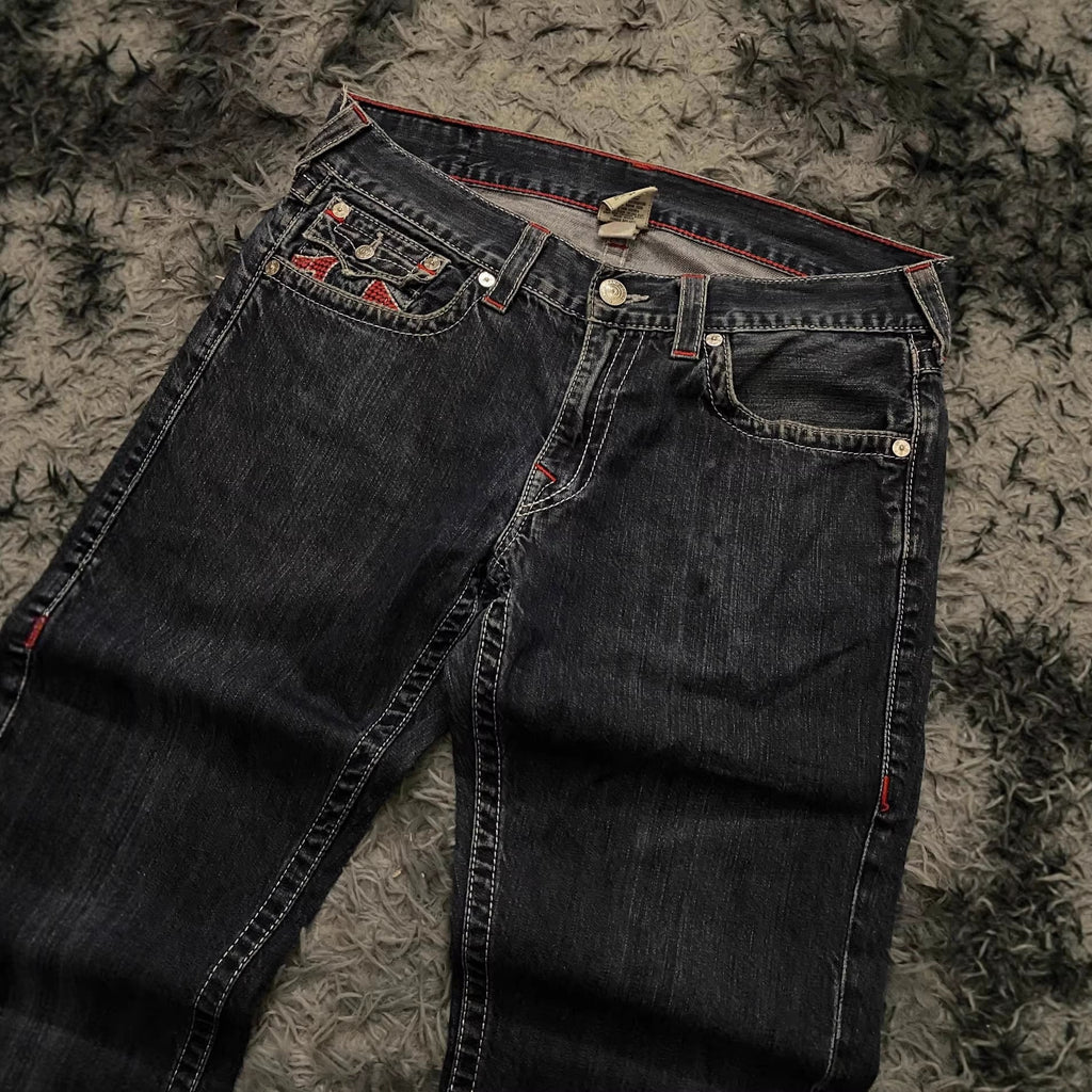 True Religion Vintage Horseshoe Embroidery Flare Denim Jeans