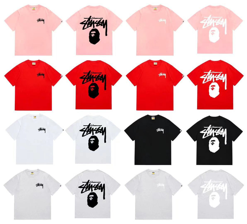 Bape X Stussy Ape Head Shark Multi‑Graphic Cotton Tee Multi‑Style