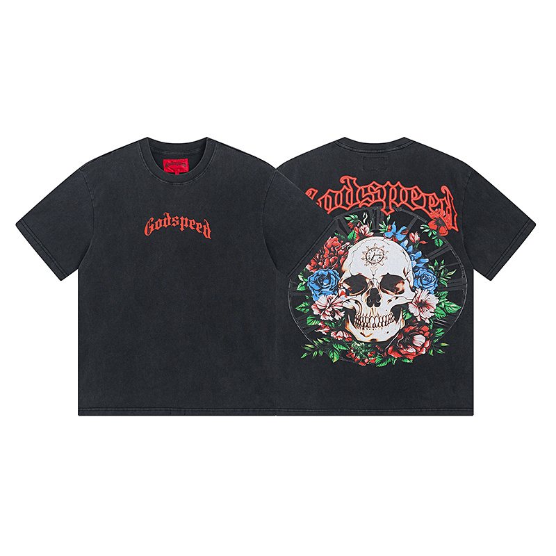Godspeed Washed Black Skull Floral Graphic T-Shirt