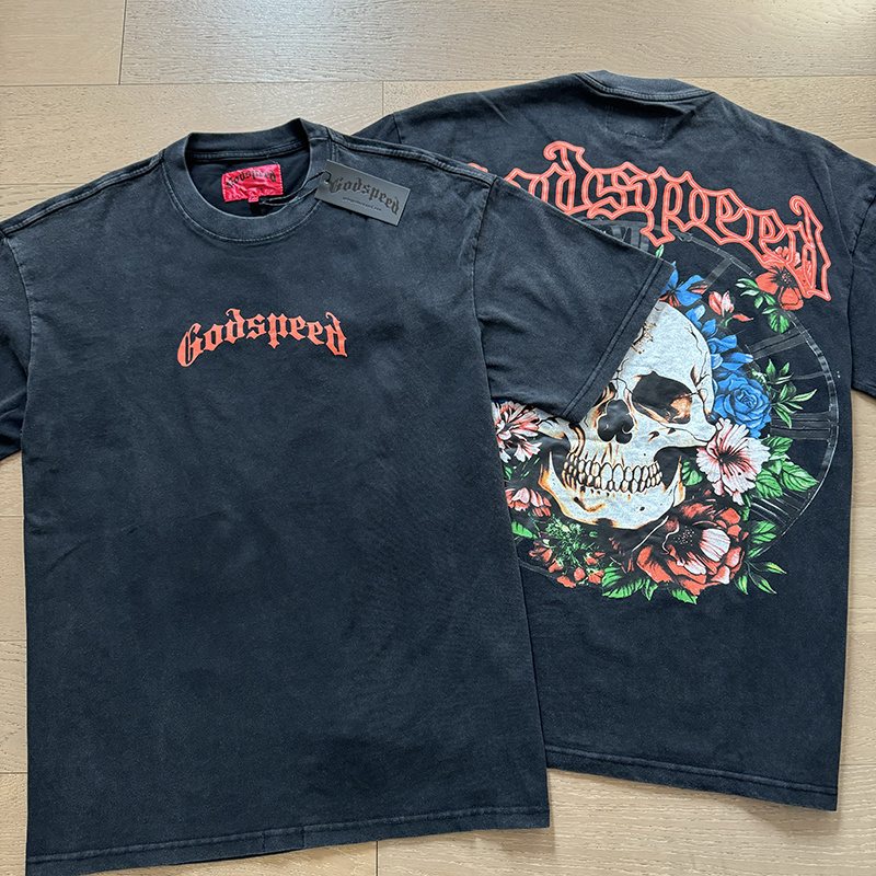 Godspeed Washed Black Skull Floral Graphic T-Shirt