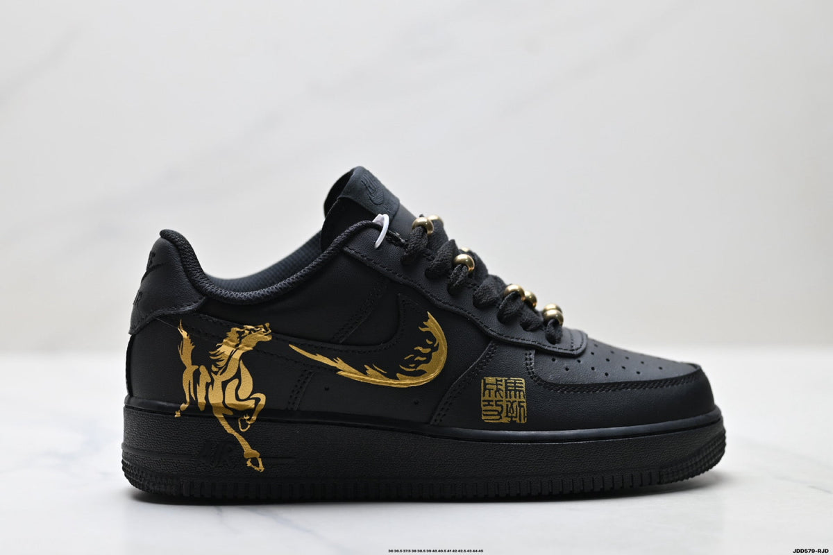 Nike Air Force 1 Low Black Gold Graphic Unisex Sneakers Style 14