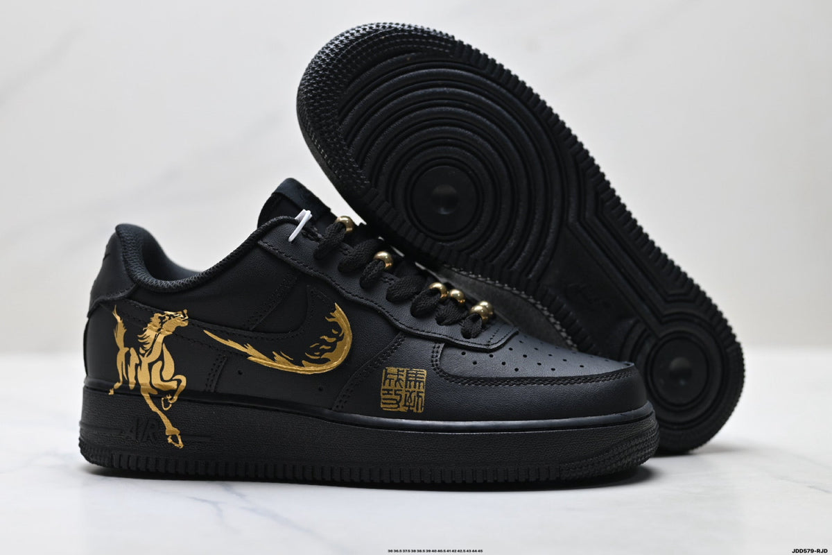 Nike Air Force 1 Low Black Gold Graphic Unisex Sneakers Style 14