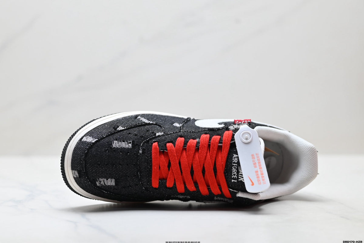 Nike Air Force 1 Low Black White Red Lace Unisex Sneakers Style 03