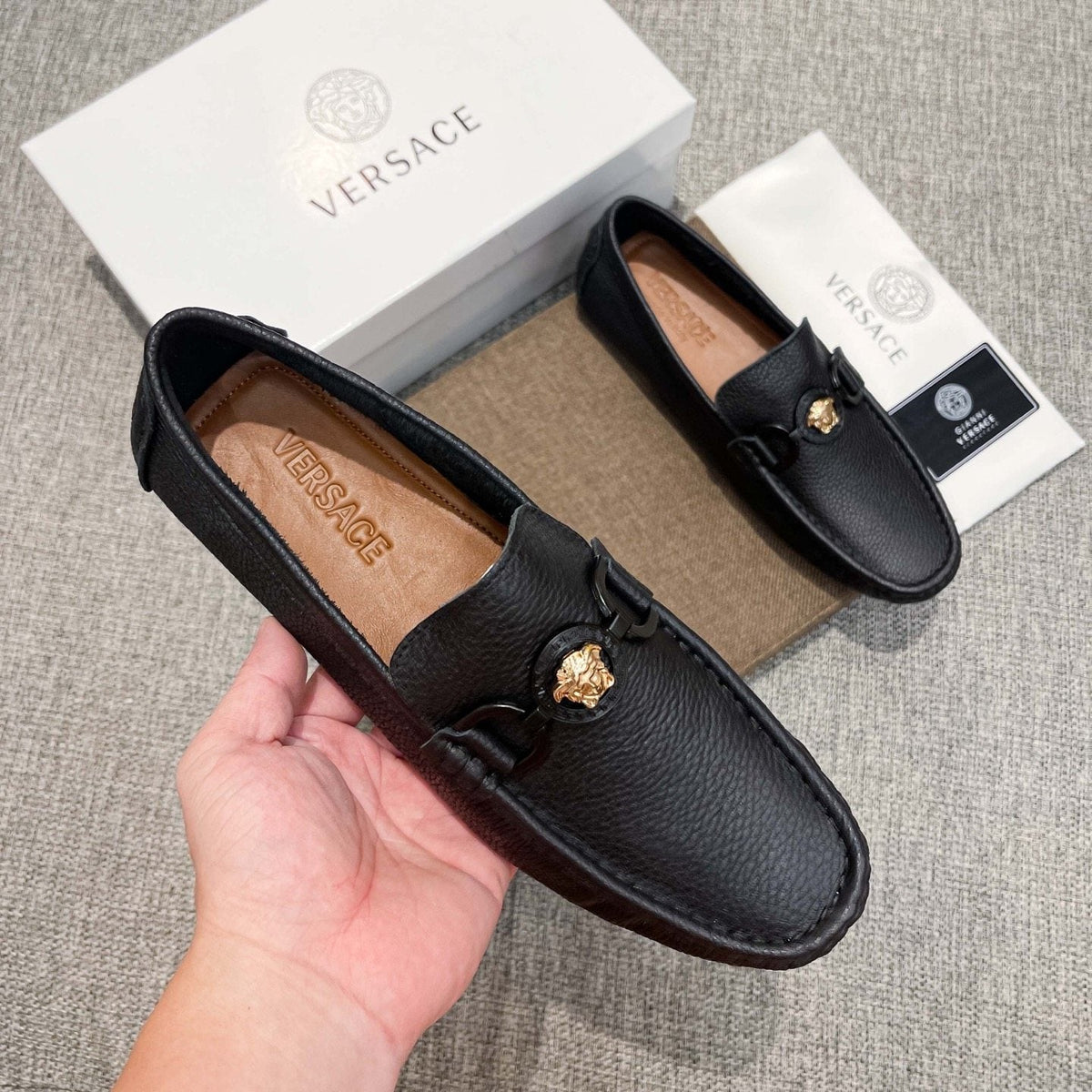 Versace Black Gold-Emblem Slip-On Loafers