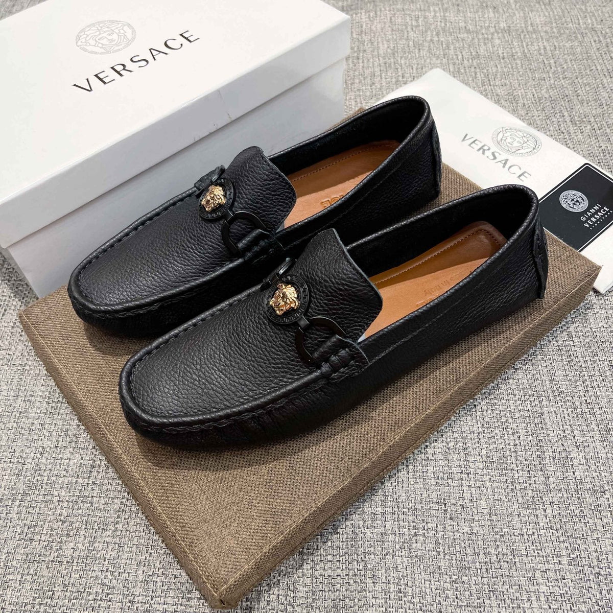 Versace Black Gold-Emblem Slip-On Loafers
