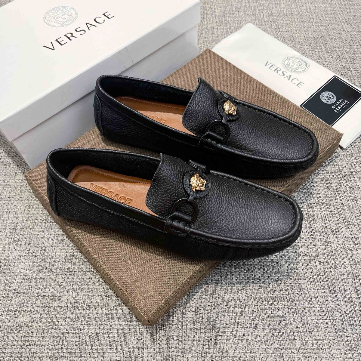 Versace Black Gold-Emblem Slip-On Loafers