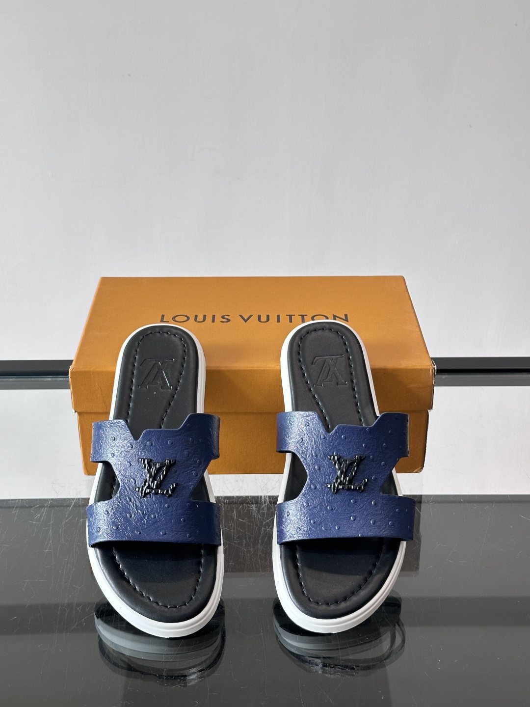 Louis Vuitton Embossed Blue Slide Sandals