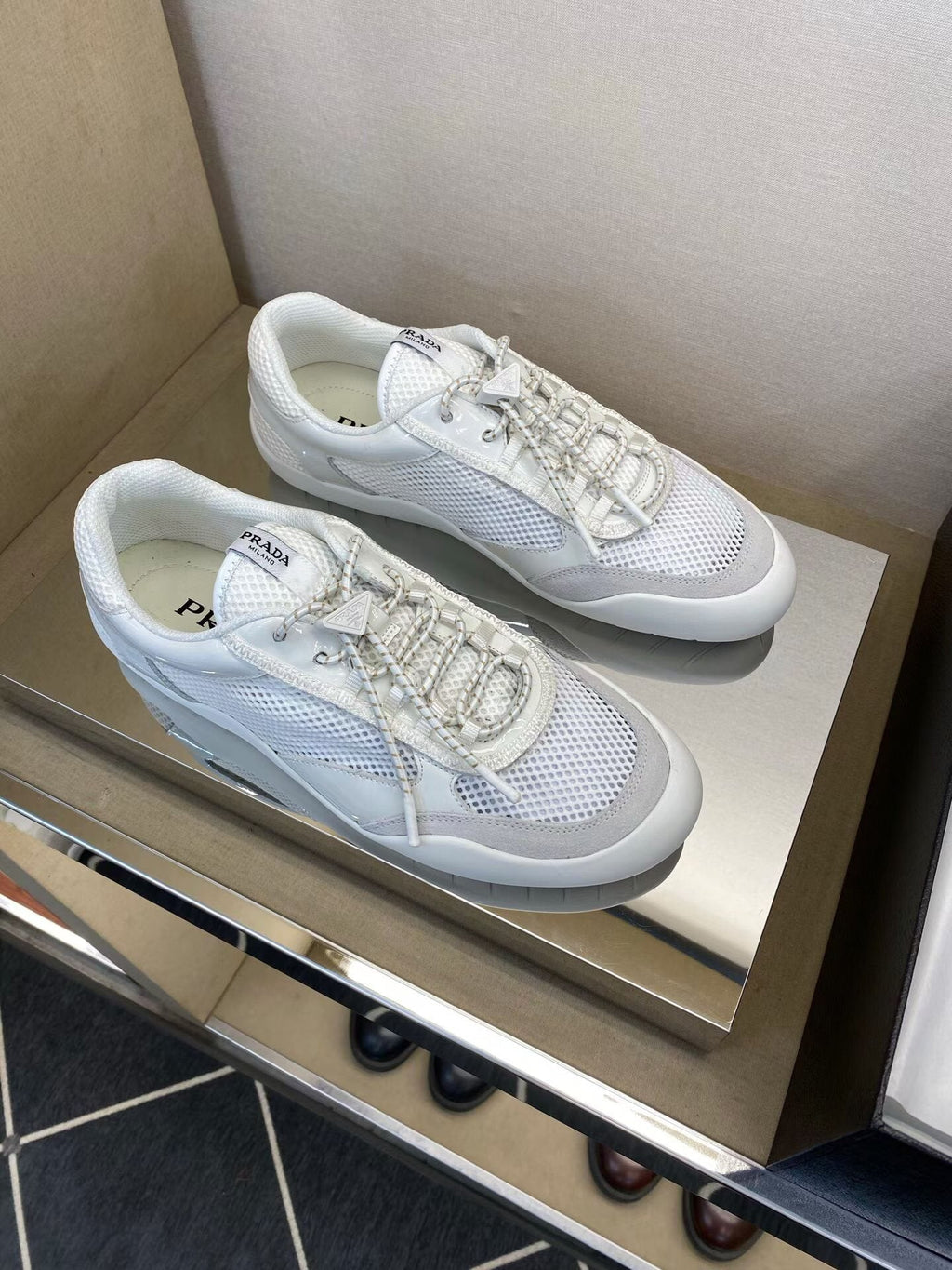 Prada Men's White and Light Gray Mesh Sneakers