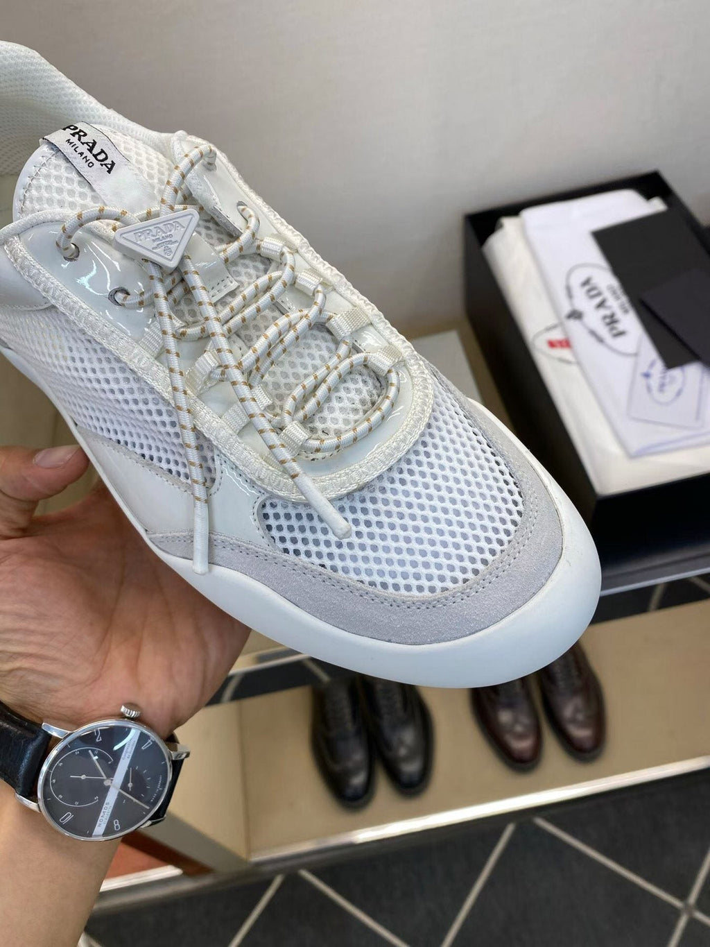 Prada Men's White and Light Gray Mesh Sneakers