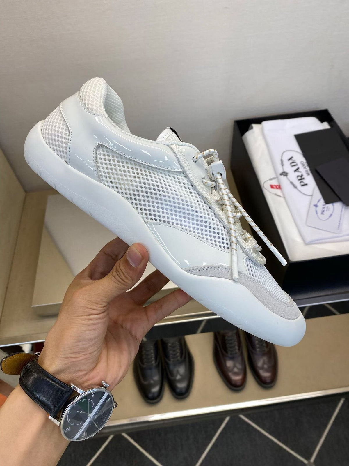 Prada Men's White and Light Gray Mesh Sneakers