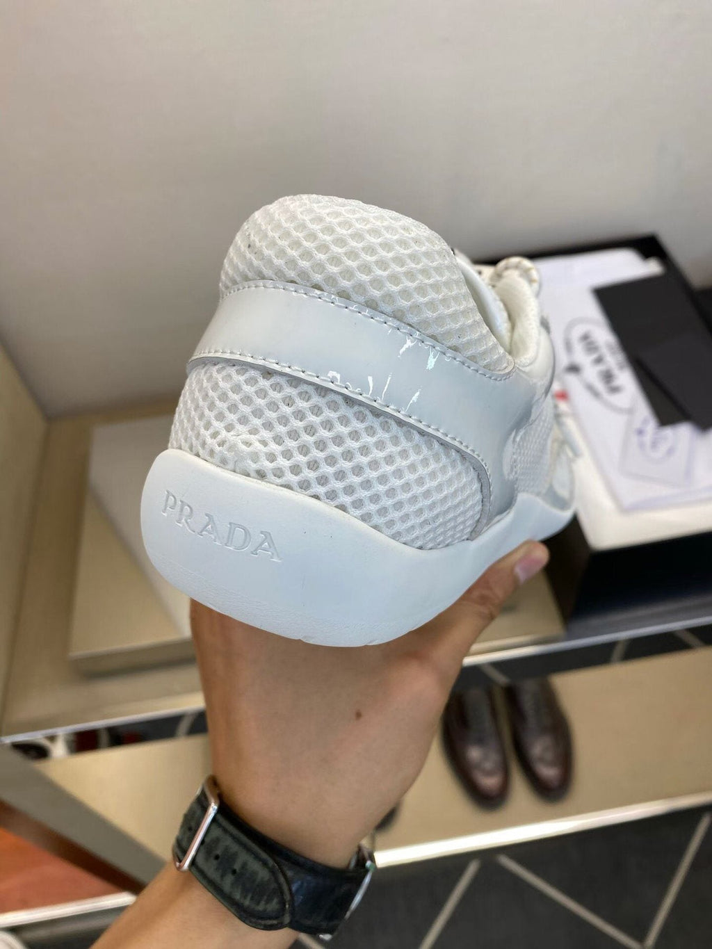Prada Men's White and Light Gray Mesh Sneakers