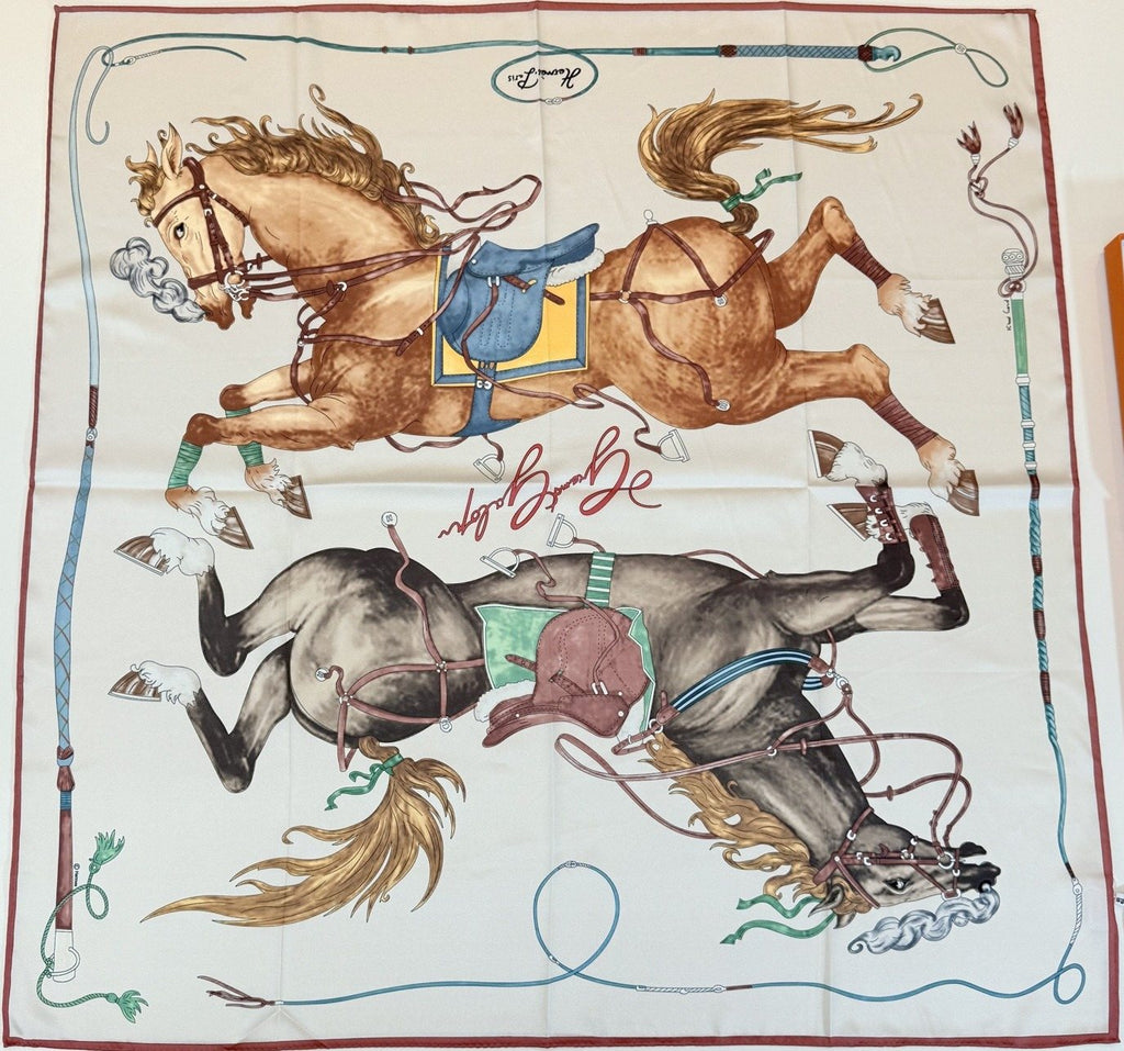 Hermès Cream Equestrian Silk Square Scarf