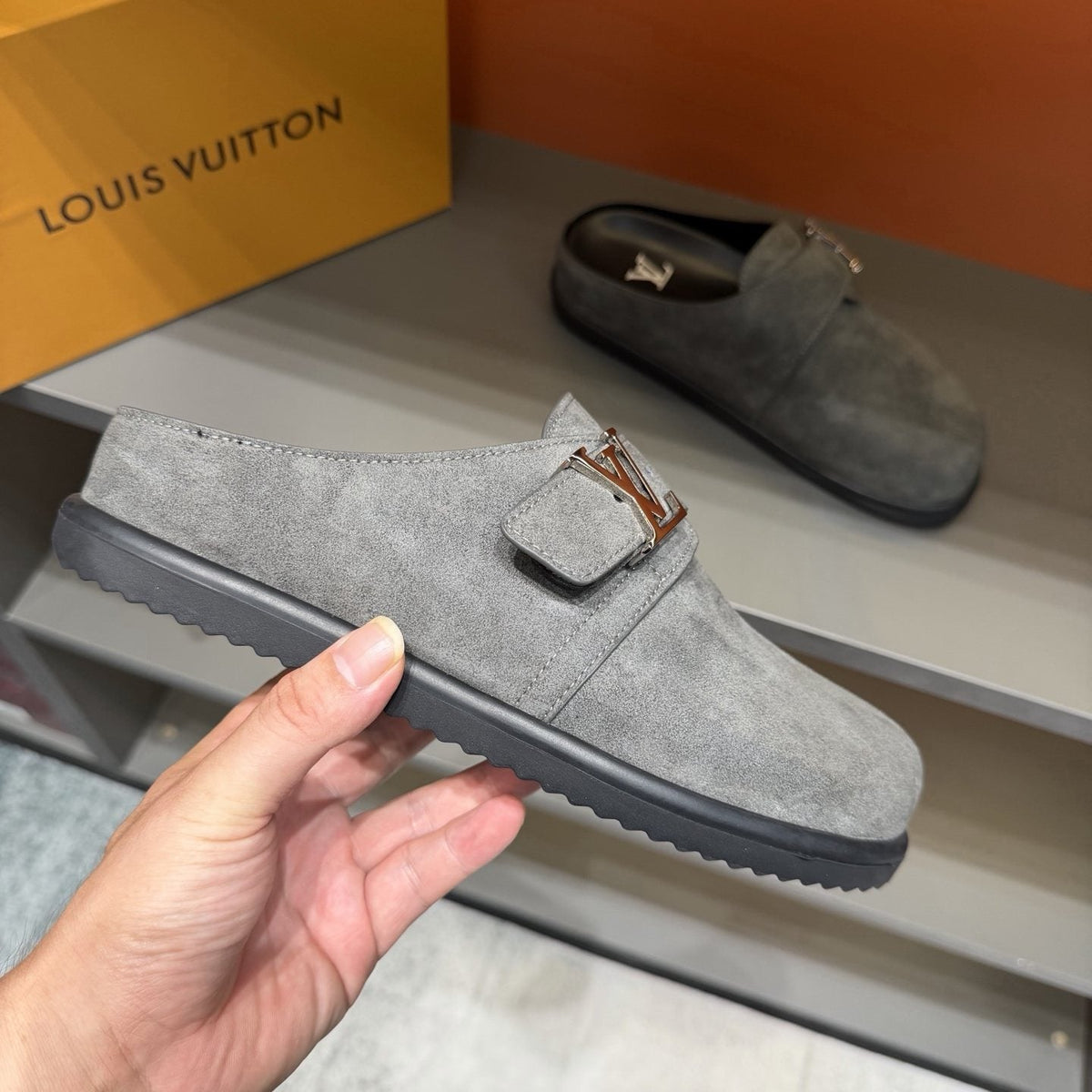 Louis Vuitton Men's Buckled Monogram Mule Shoes