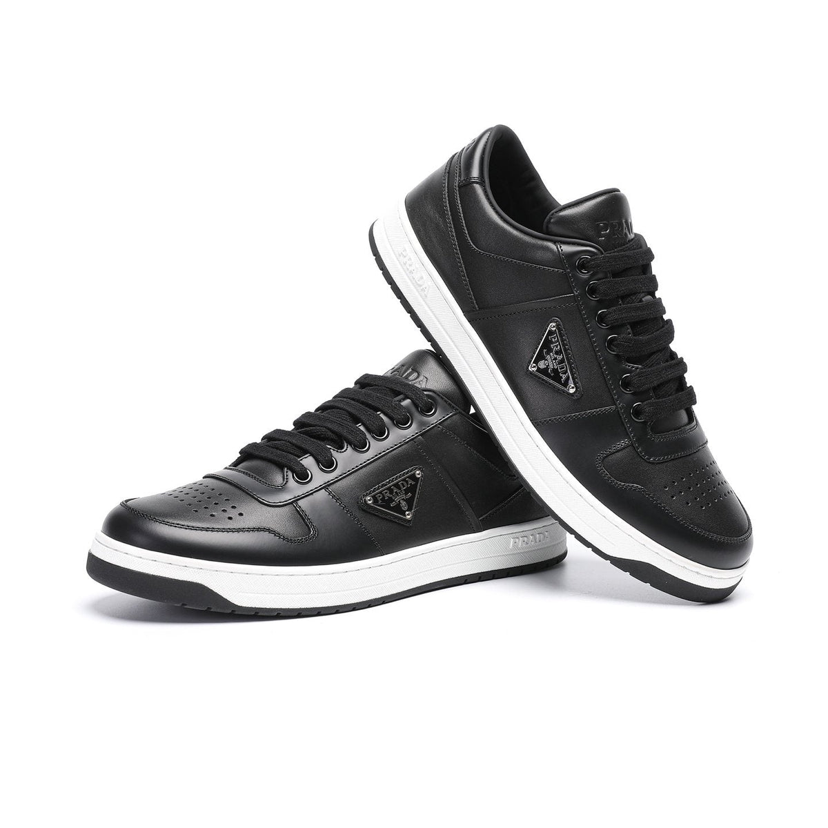 Prada Men's Triangle Plaque Low-Top Sneakers - Perforated Toe Box